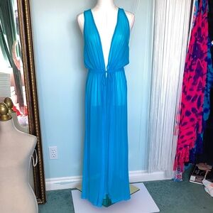 Hot Miami Styles Turquoise Blue Sheer Plunge Swim Coverup